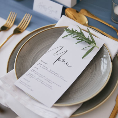 Blue Wedding Table Decoration Menu Card With Rosemary
