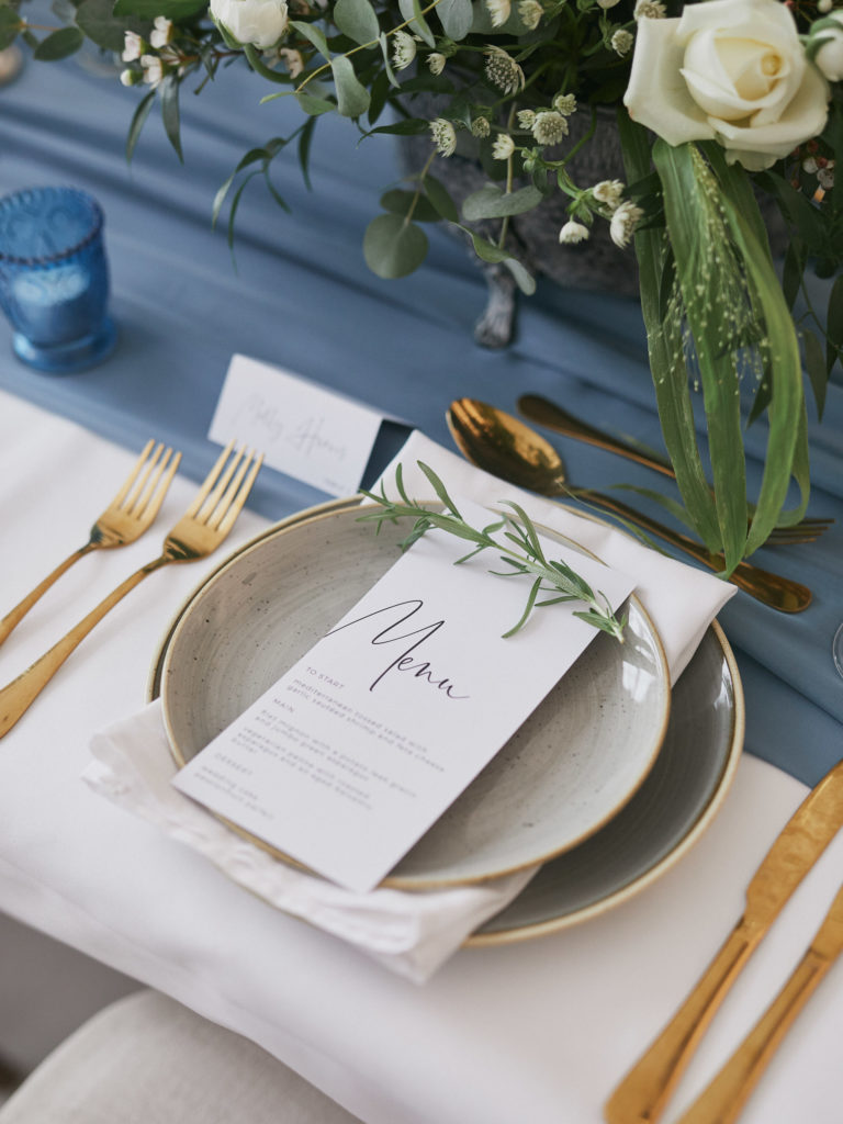 blue wedding table decoration menu card